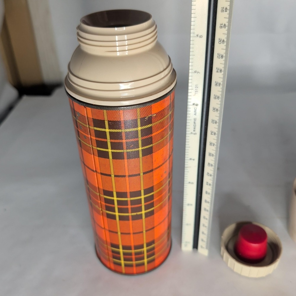 Vintage Thermos Plaid Vacuum Flask Orange Insulated Cup Lid Handle Hot Cold - Picture 4 of 6